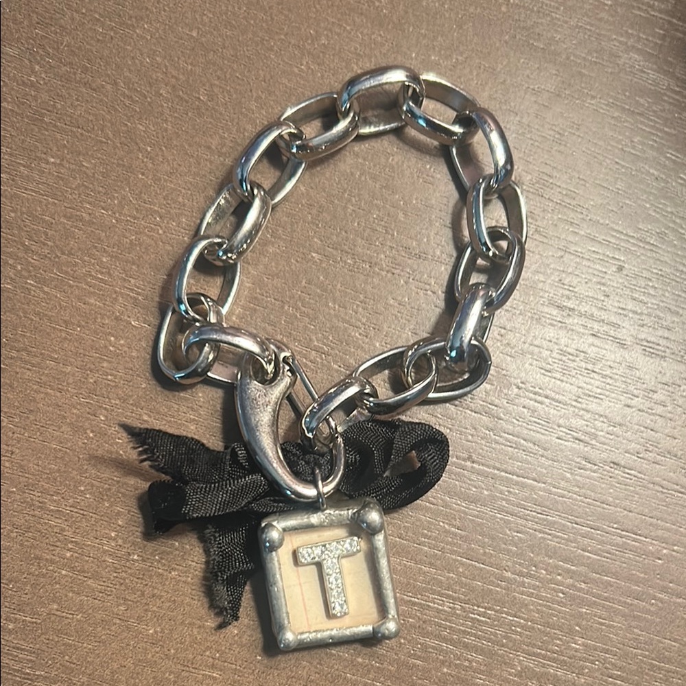 Silver Chain Bracelet with Black Ribbon and T Charm
